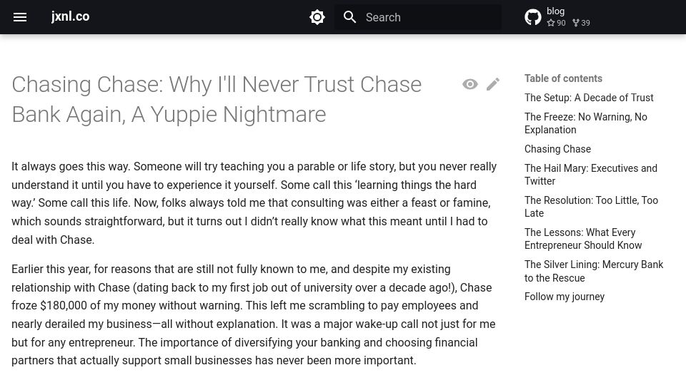 Screenshot of jxnl.co: Cautionary tale on using Chase bank for indie business