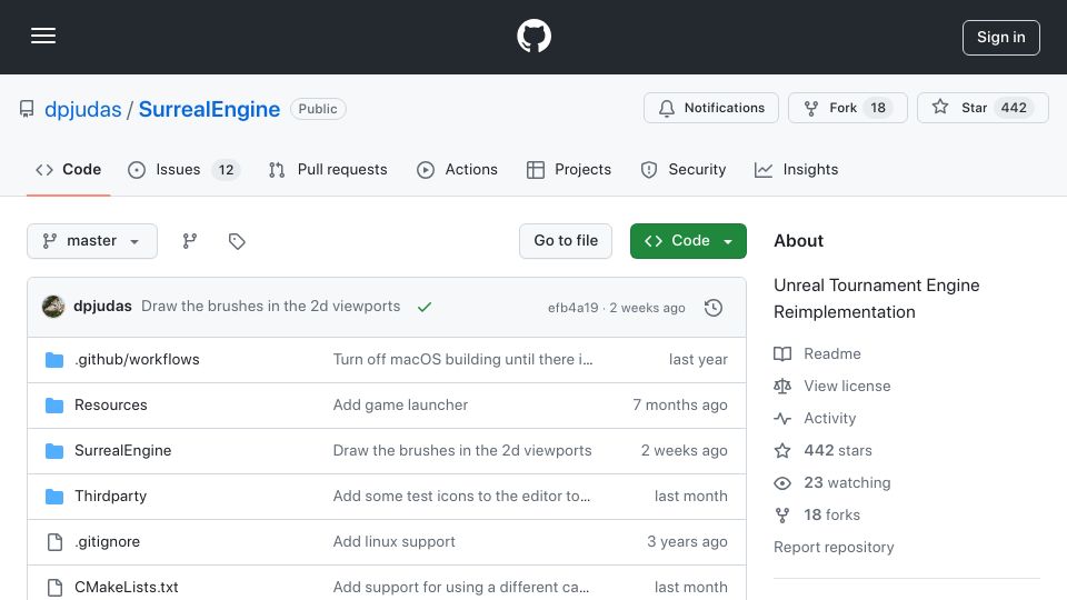 Screenshot of github.com: SurrealEngine: Open-source reimplementation of Unreal Engine with playable UT99