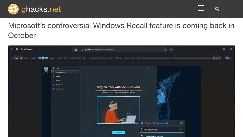 Screenshot of ghacks.net: Microsoft's controversial Windows Recall feature is coming back in October