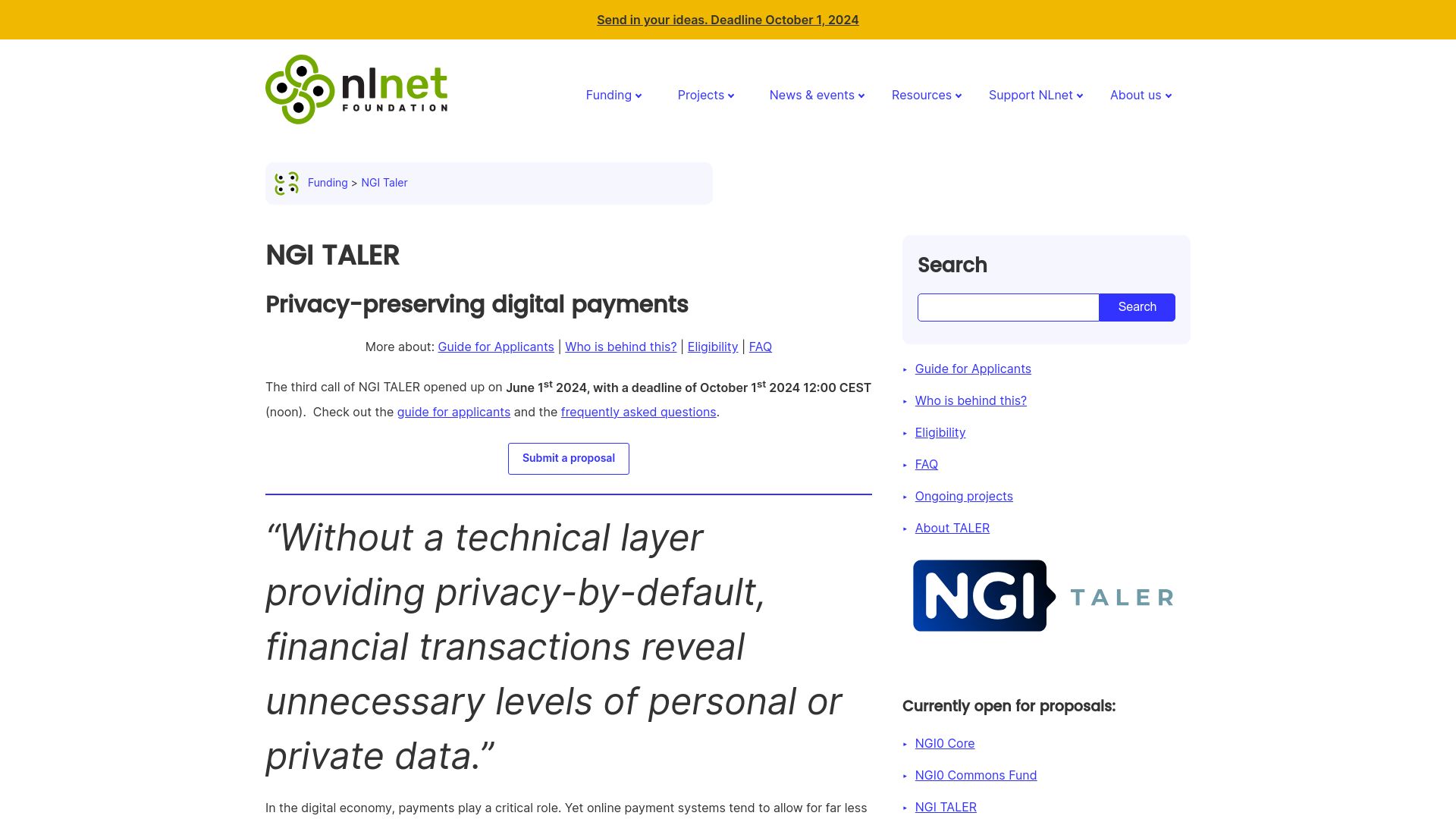 Screenshot of nlnet.nl: NGI Taler