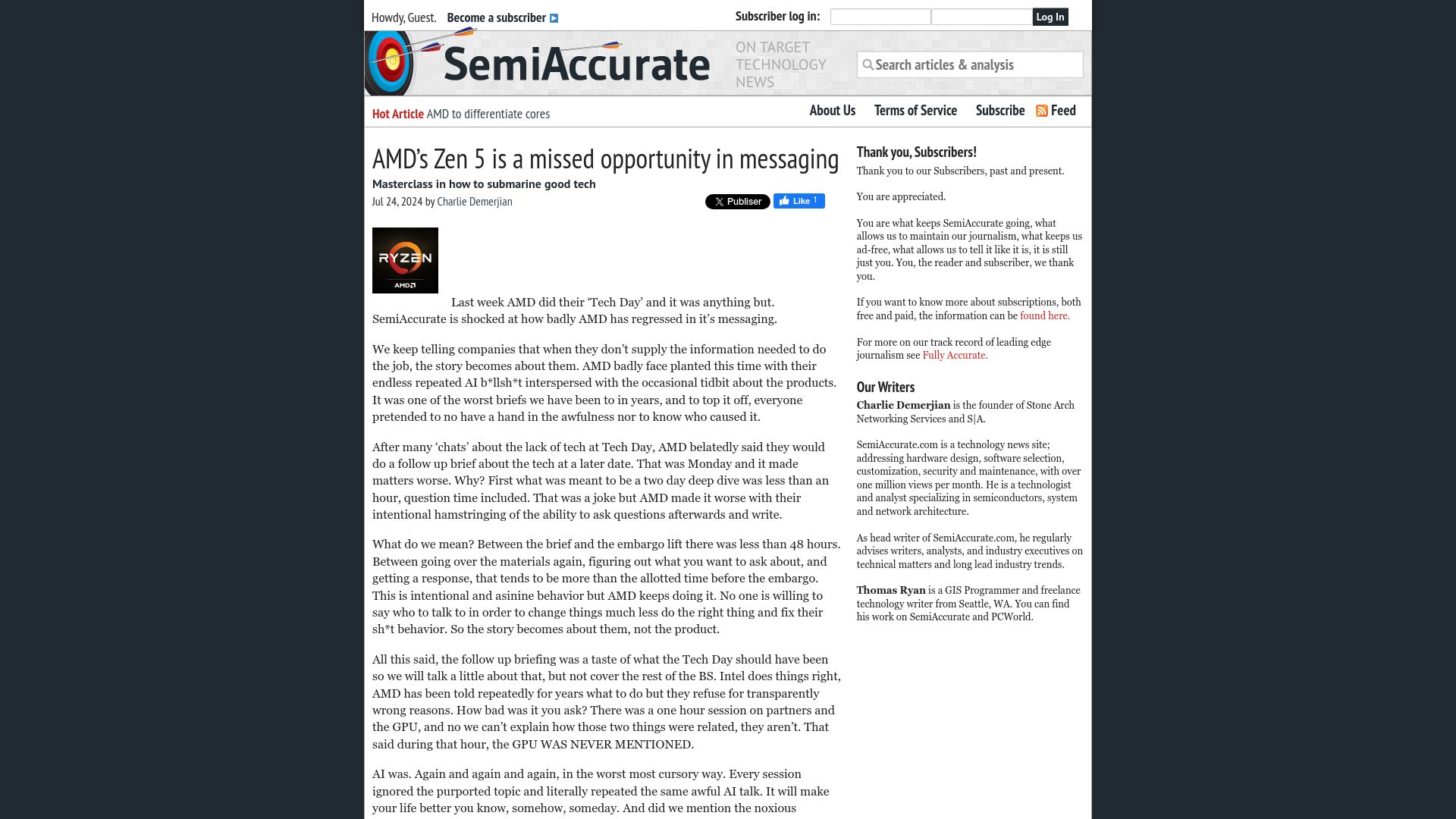 Screenshot of semiaccurate.com: AMD's Zen 5 is a missed opportunity in messaging