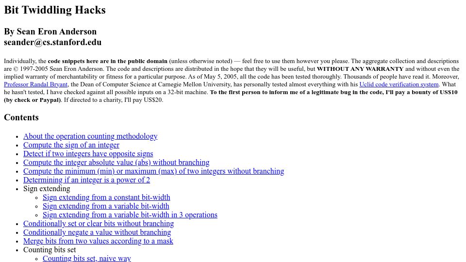 Screenshot of graphics.stanford.edu: Bit Twiddling Hacks (2009)