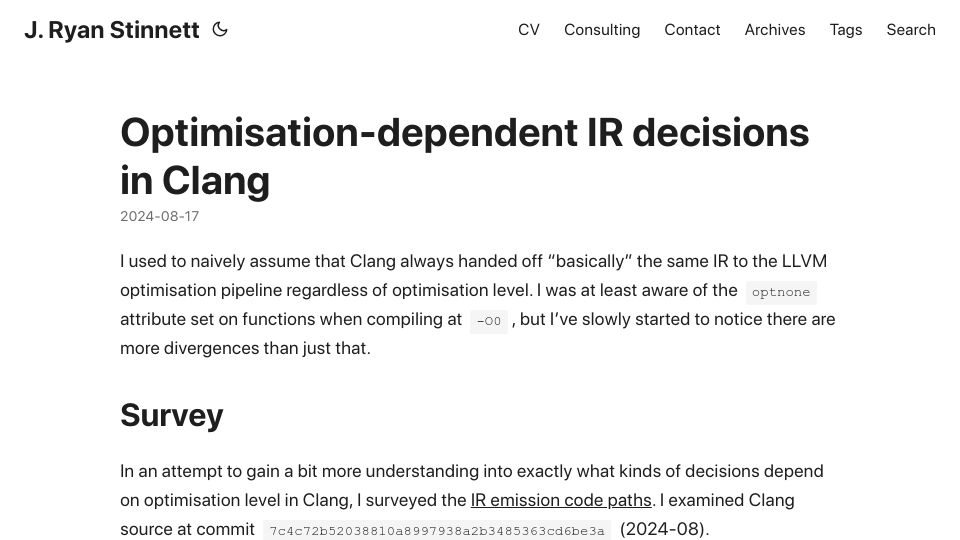 Screenshot of convolv.es: Optimisation-dependent IR decisions in Clang