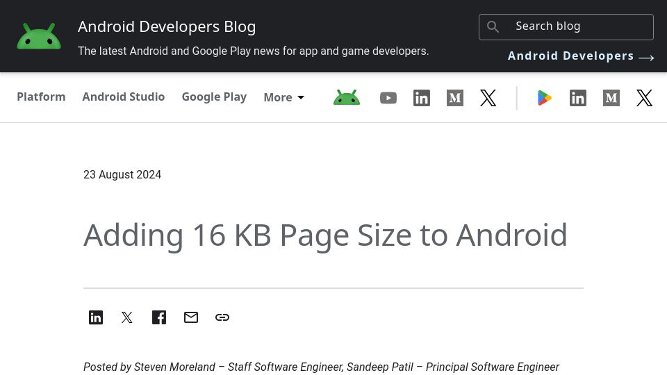 Screenshot of android-developers.googleblog.com: Adding 16 kb page size to Android