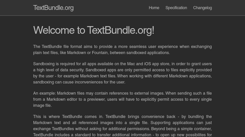 Screenshot of textbundle.org: TextBundle