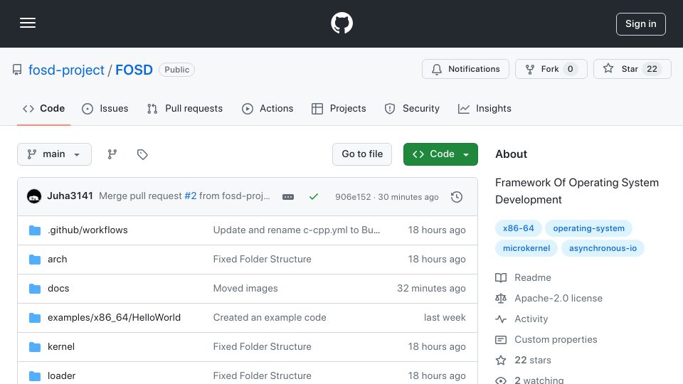Screenshot of github.com: Show HN: FOSD – Framework of Operating System Development
