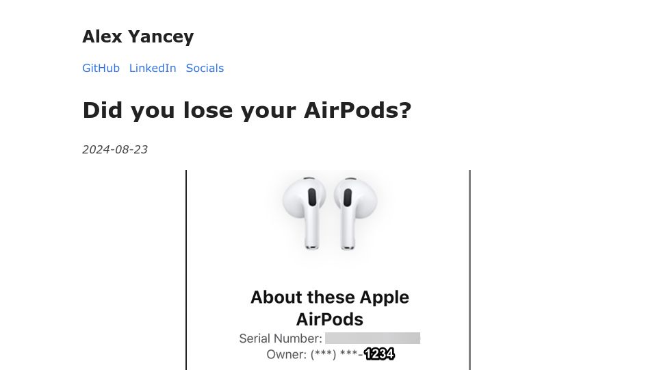 Screenshot of alexyancey.com: Did you lose your AirPods?