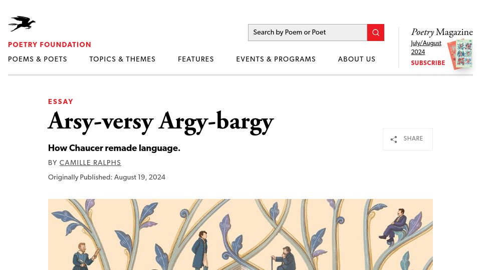 Screenshot of poetryfoundation.org: Arsy-versy Argy-bargy: How Chaucer remade language