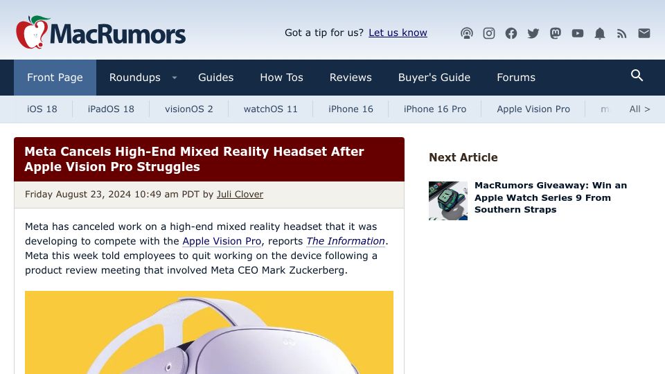 Screenshot of macrumors.com: Meta cancels high-end mixed reality headset after Apple Vision Pro struggles