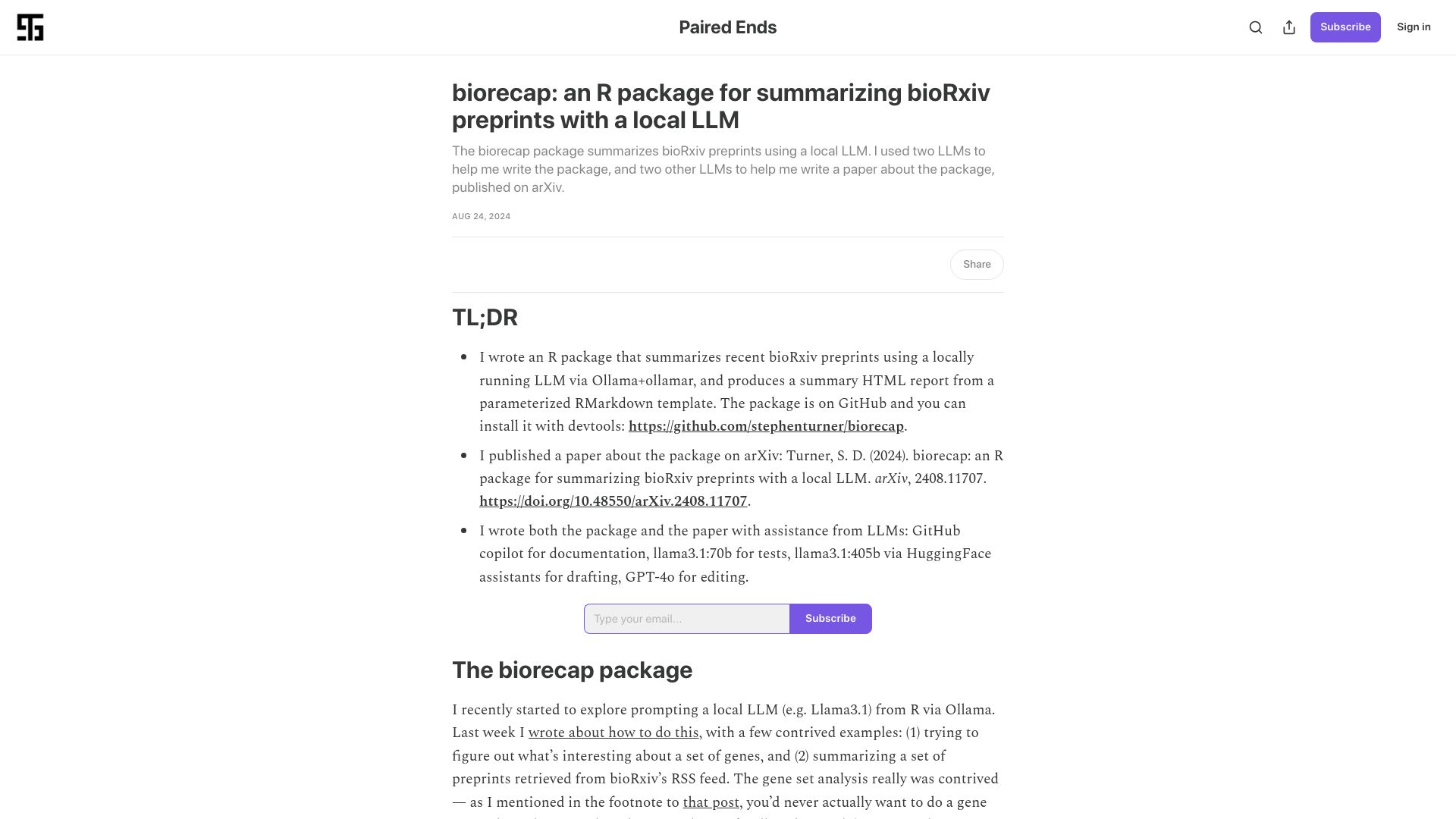 Screenshot of blog.stephenturner.us: Biorecap: An R package for summarizing bioRxiv preprints with a local LLM