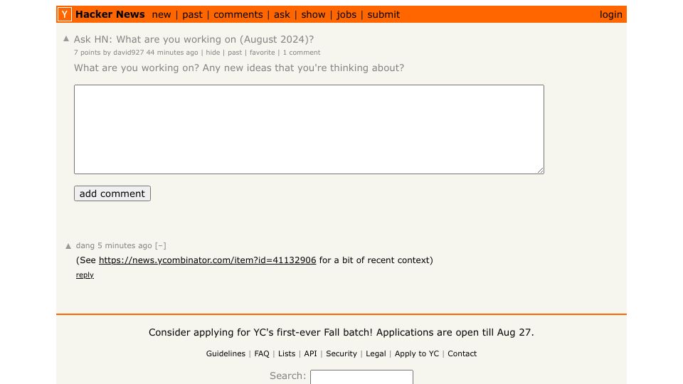 Screenshot of Hacker News post: Ask HN: What are you working on (August 2024)?