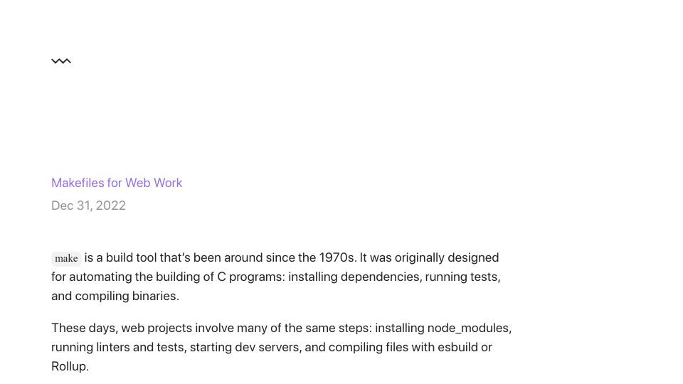 Screenshot of rosszurowski.com: Makefiles for Web Work (2022)