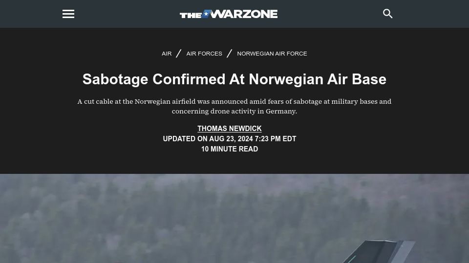 Screenshot of twz.com: Sabotage Confirmed at Norwegian Air Base