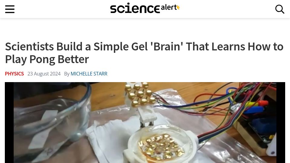 Screenshot of sciencealert.com: Scientists Build a Simple Gel 'Brain' That Learns How to Play Pong Better