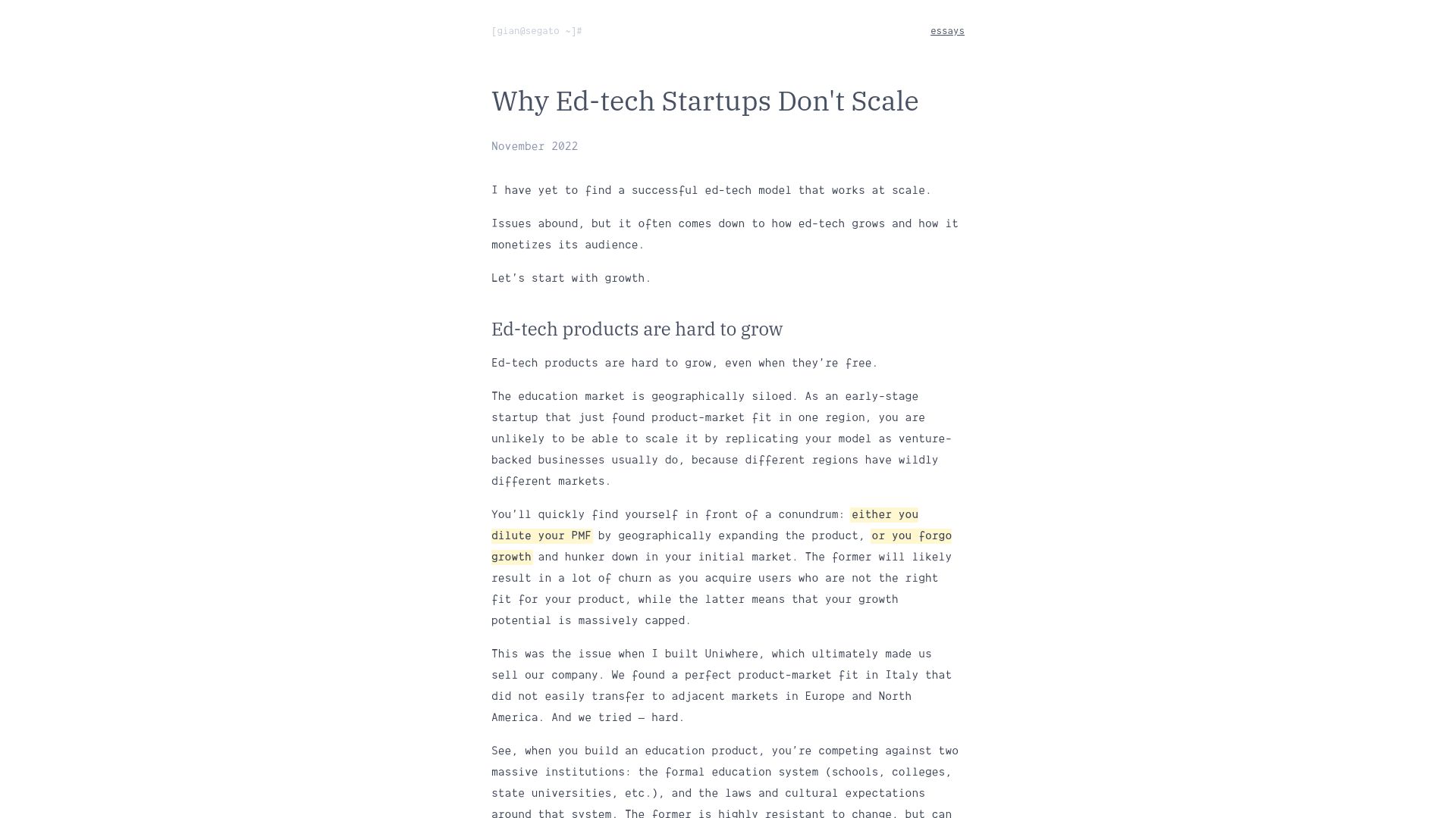 Screenshot of giansegato.com: Why Ed-Tech Startups Don't Scale (2022)