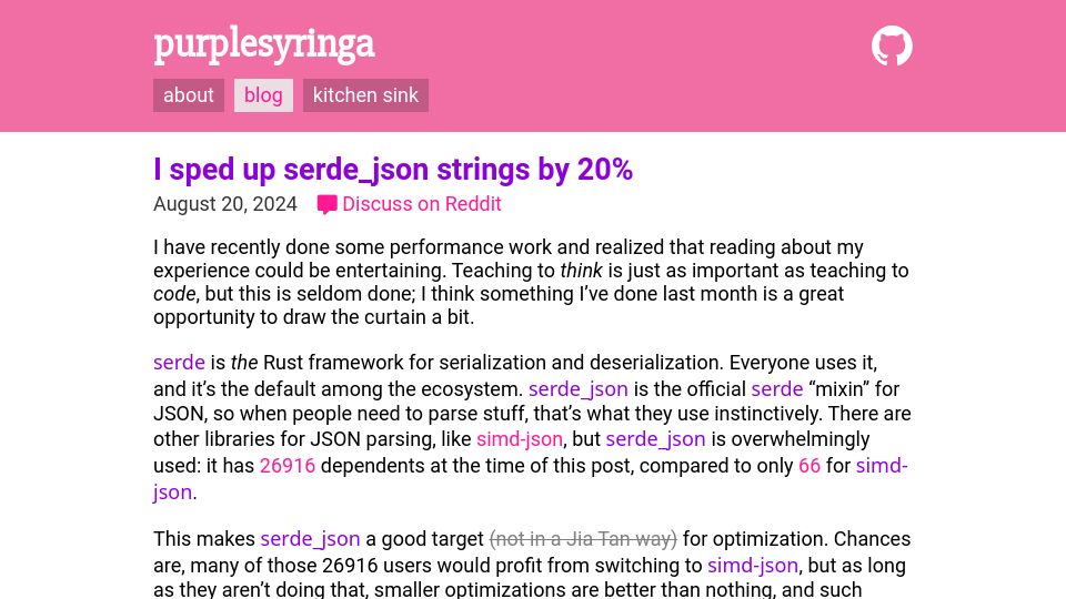 Screenshot of purplesyringa.moe: I sped up serde_json strings by 20%