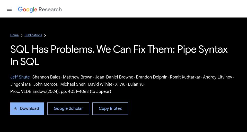 Screenshot of research.google: Pipe Syntax in SQL