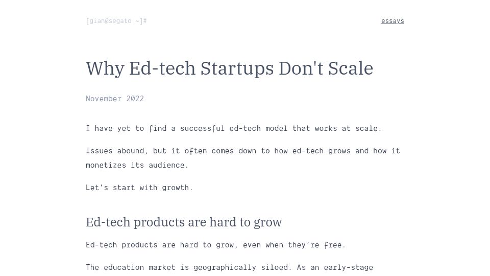 Screenshot of giansegato.com: Why Ed-Tech Startups Don't Scale (2022)