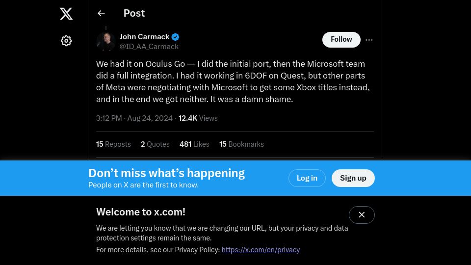 Screenshot of twitter.com: Carmack on Oculus, Minecraft, Meta and Microsoft