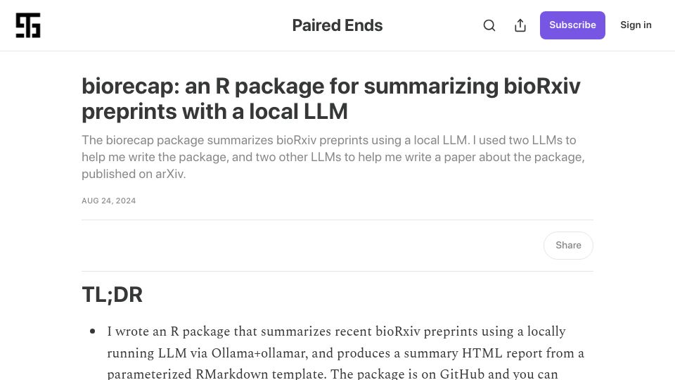 Screenshot of blog.stephenturner.us: Biorecap: An R package for summarizing bioRxiv preprints with a local LLM
