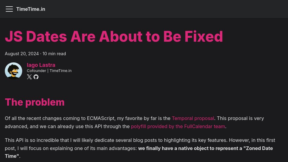 Screenshot of docs.timetime.in: JavaScript dates are about to be fixed