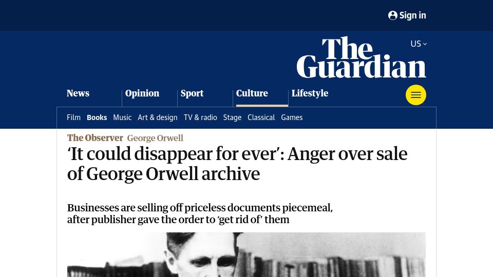 Screenshot of theguardian.com: 'It could disappear for ever': Anger over sale of George Orwell archive