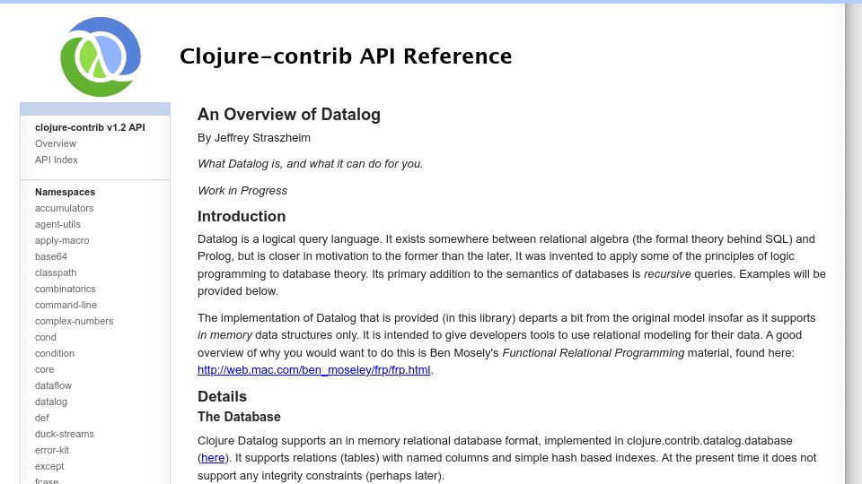Screenshot of clojure.github.io: An Overview of Datalog (2010)