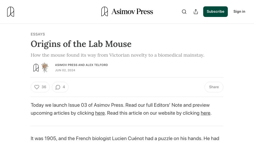 Screenshot of asimov.press: Origins of the Lab Mouse
