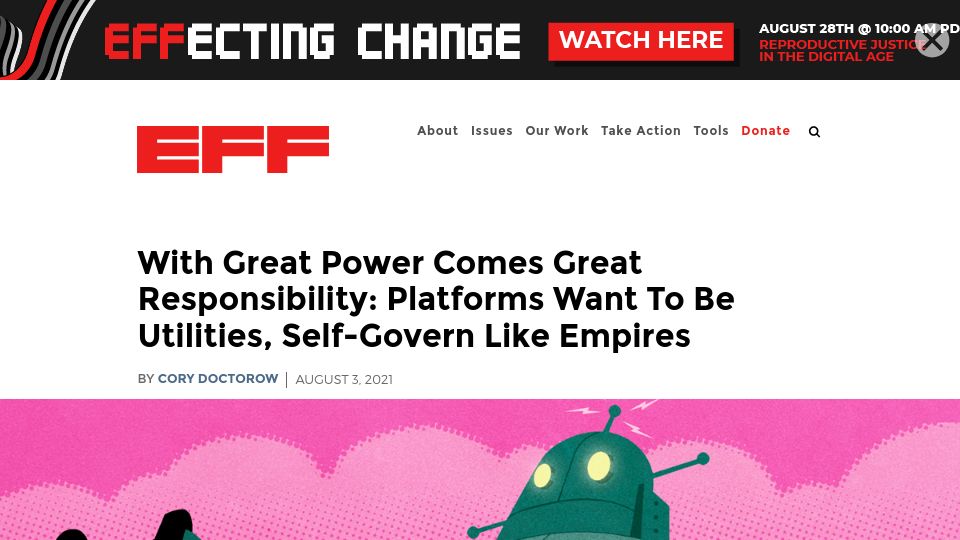 Screenshot of eff.org: With Power Comes Great Responsibility Platforms Want to Be Utilities (2021)