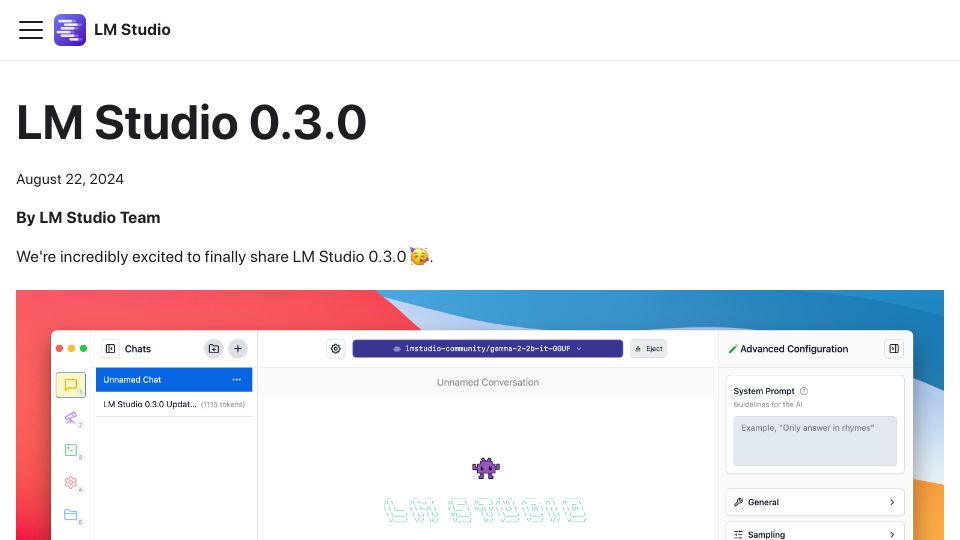 Screenshot of lmstudio.ai: LM Studio 0.3 – Discover, download, and run local LLMs