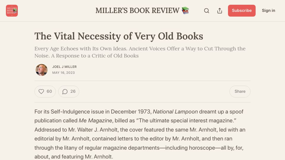 Screenshot of millersbookreview.com: The Vital Necessity of Very Old Books (2023)