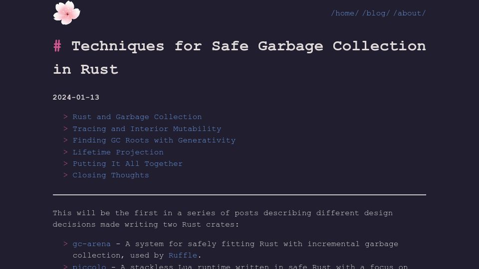 Screenshot of kyju.org: Techniques for safe garbage collection in Rust
