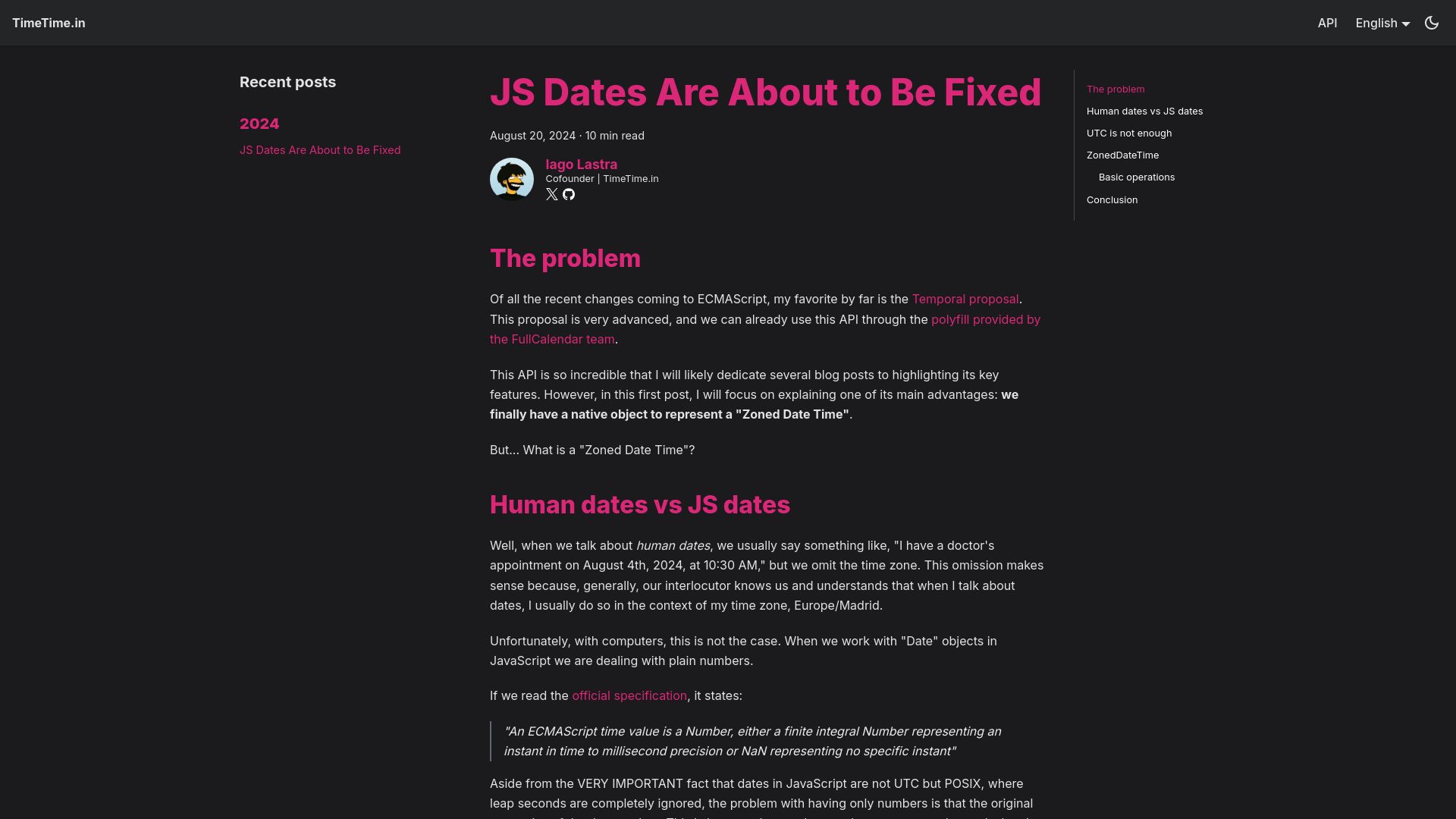 Screenshot of docs.timetime.in: JavaScript dates are about to be fixed