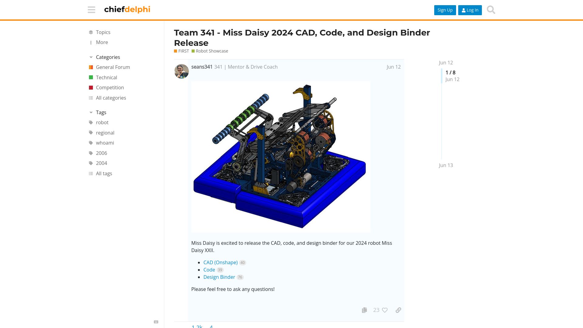 Screenshot of chiefdelphi.com: Show HN: High school robotics code/CAD/design binder release