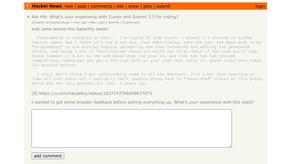 Screenshot of Hacker News post: Ask HN: What's your experience with Cursor and Sonnet 3.5 for coding?