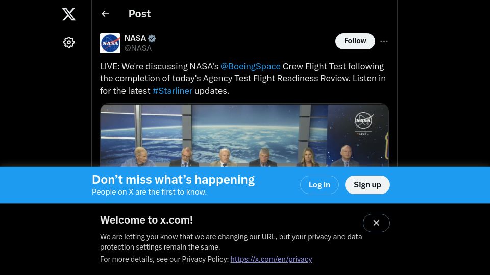 Screenshot of twitter.com: NASA announces Boeing Starliner crew will return on SpaceX Crew-9
