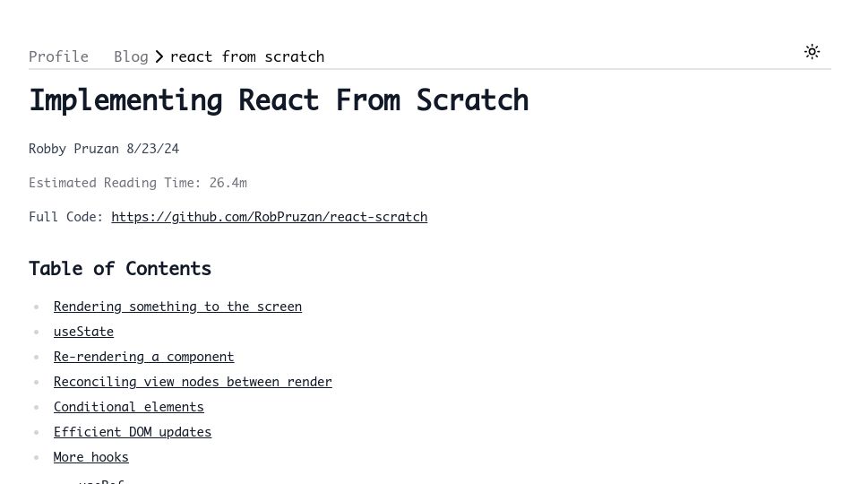 Screenshot of rob.directory: Implementing React from Scratch