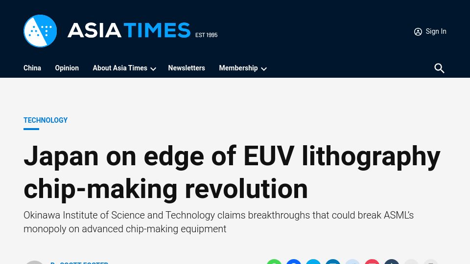 Screenshot of asiatimes.com: Japan on edge of EUV lithography chip-making revolution
