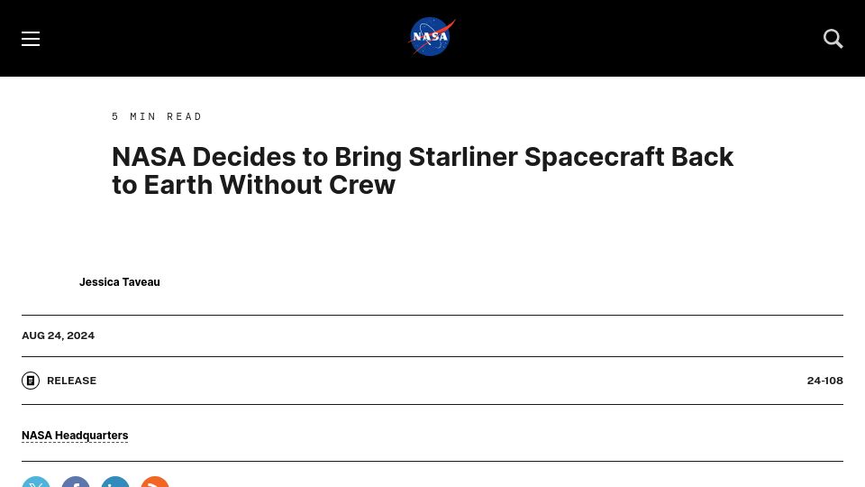 Screenshot of nasa.gov: NASA Decides to Bring Starliner Spacecraft Back to Earth Without Crew