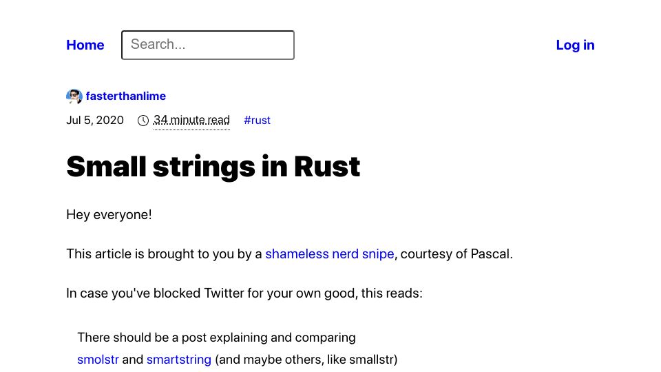 Screenshot of fasterthanli.me: Small Strings in Rust: smolstr vs. smartstring (2020)