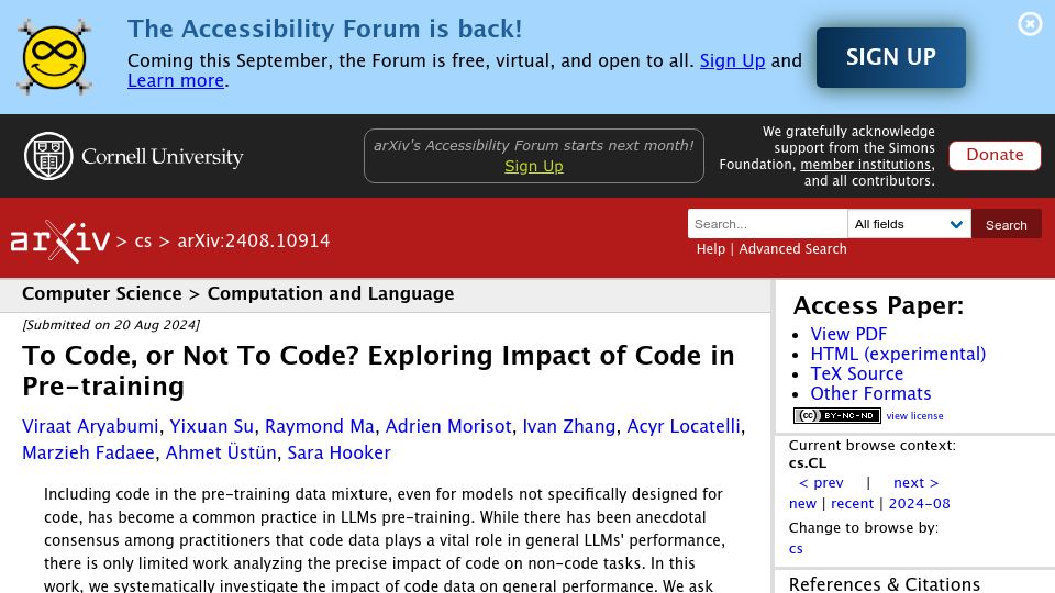 Screenshot of arxiv.org: Exploring Impact of Code in Pre-Training