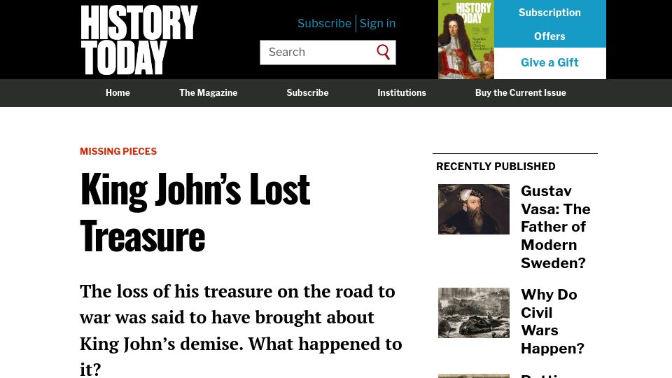 Screenshot of historytoday.com: King John's Lost Treasure