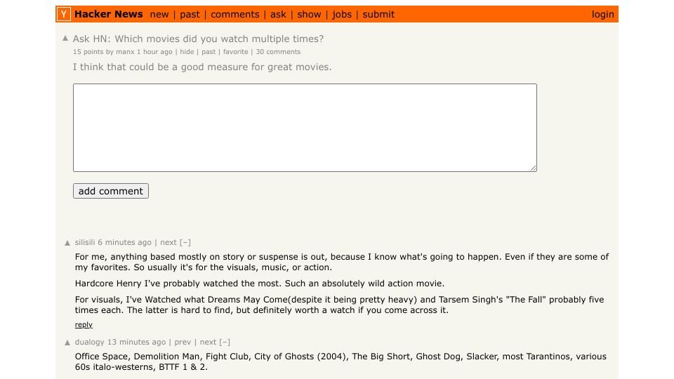 Screenshot of Hacker News post: Ask HN: Which movies did you watch multiple times?