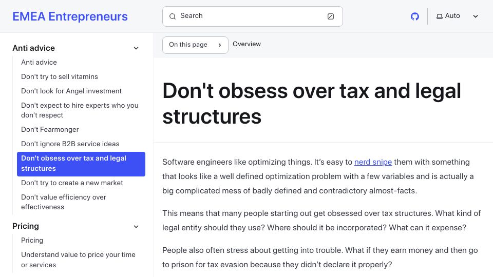 Screenshot of emeaentrepreneurs.com: Don't obsess over tax and legal structures