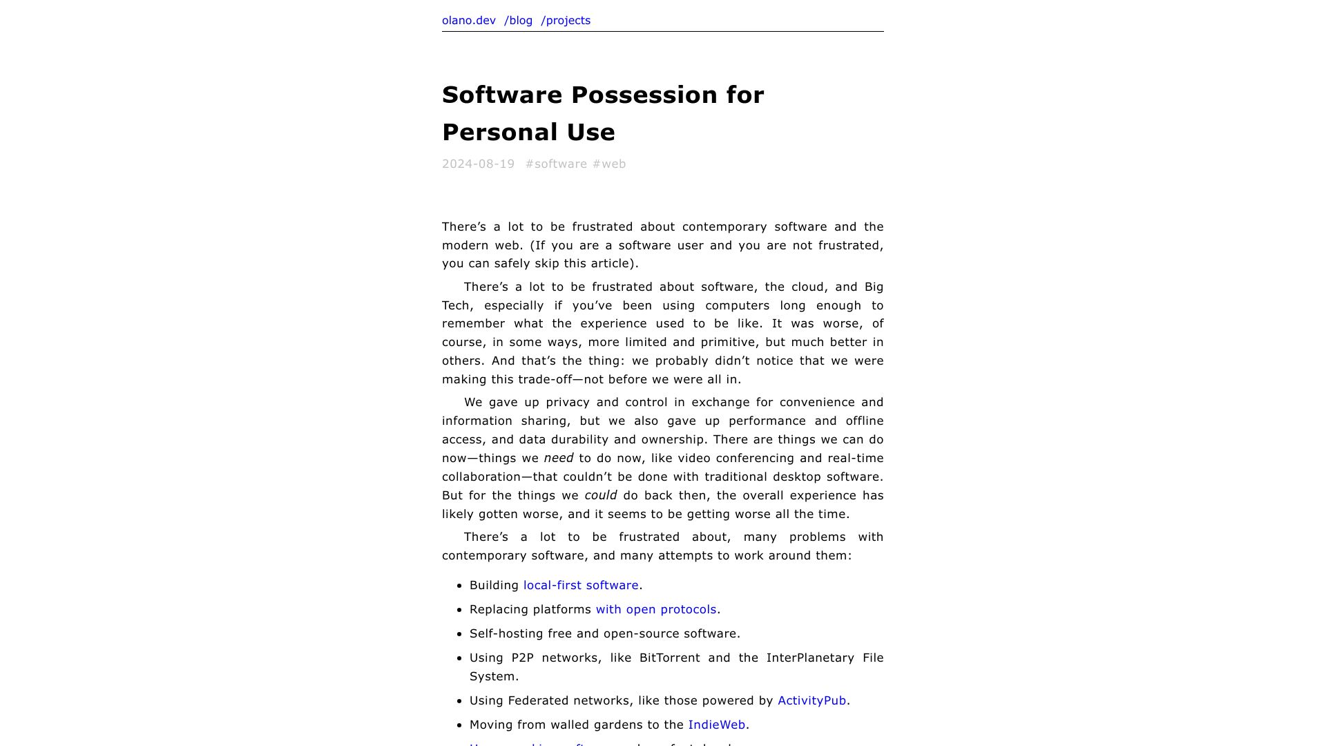 Screenshot of olano.dev: Software possession for personal use