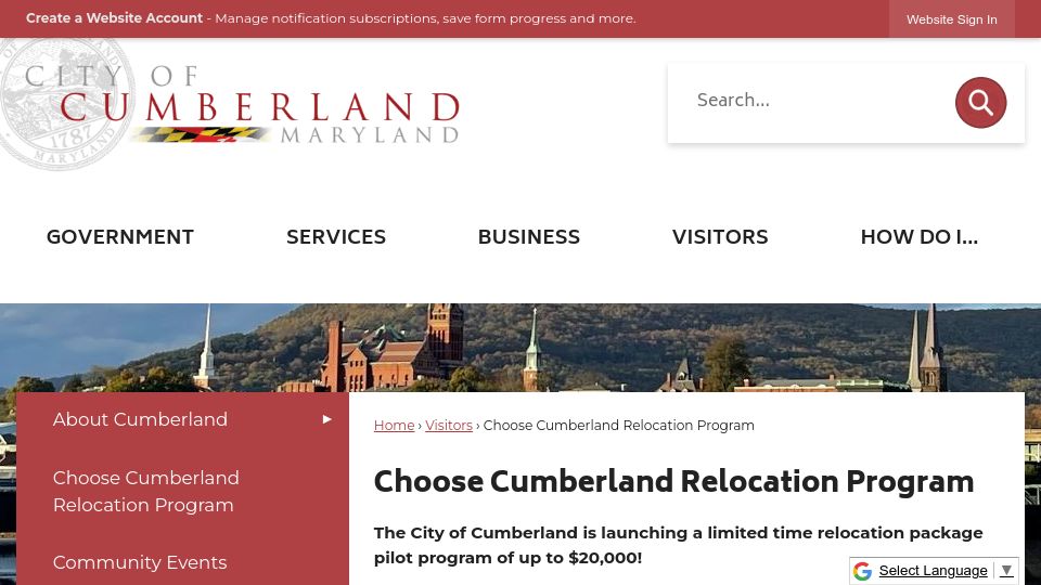 Screenshot of ci.cumberland.md.us: A $10k stipend is available for anyone moving to Cumberland, MD