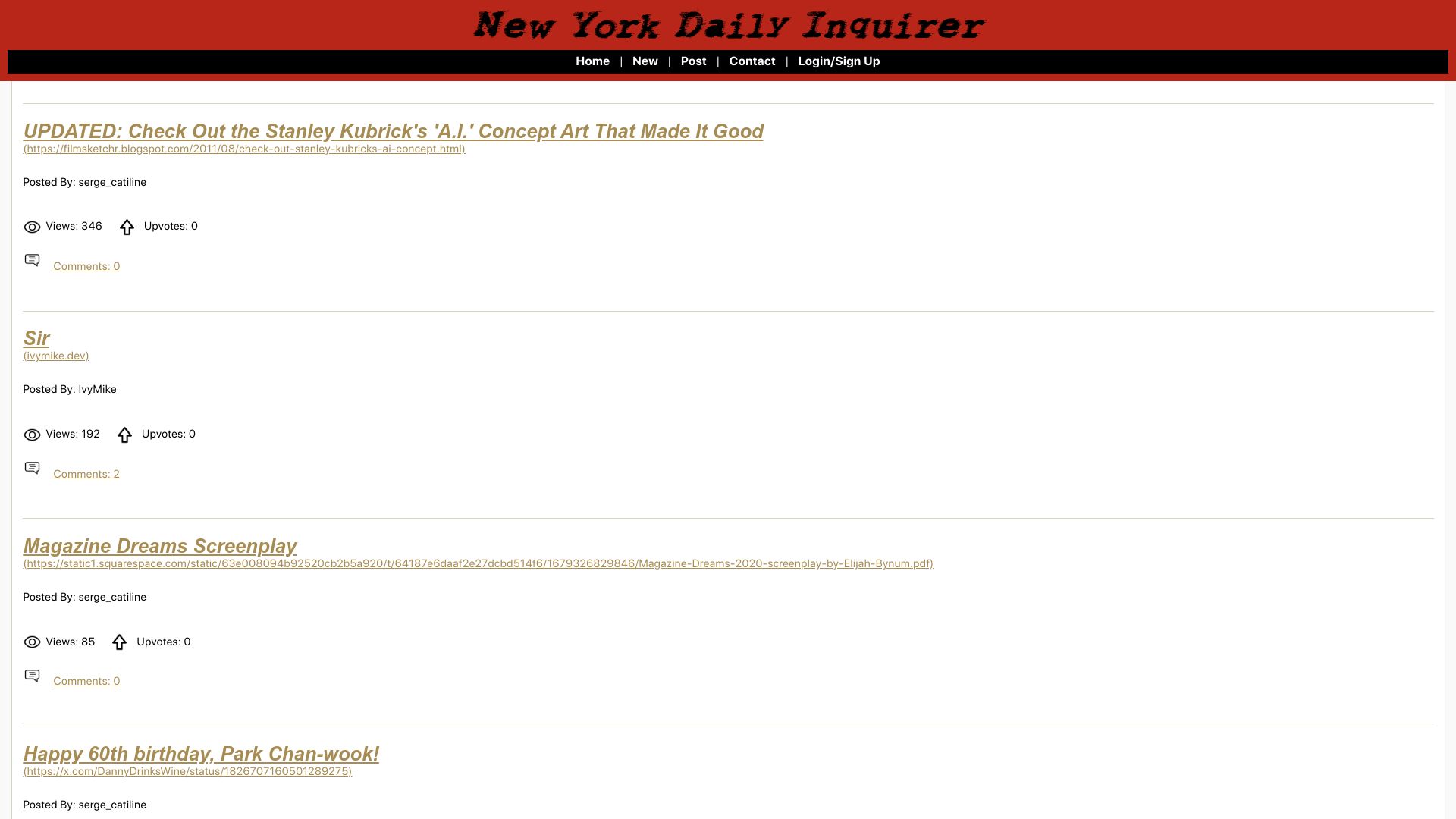 Screenshot of newyorkdailyinquirer.com: Show HN: Hacker News for film buffs