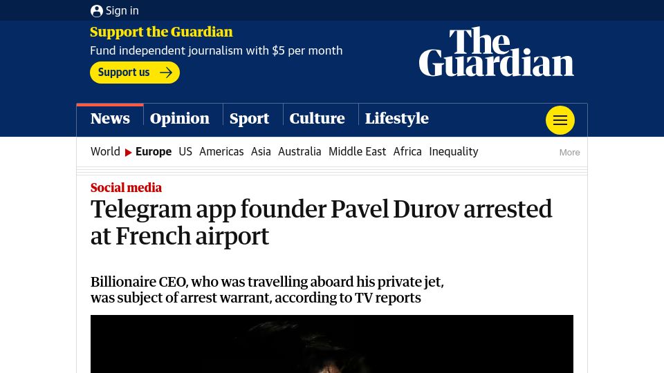 Screenshot of theguardian.com: Telegram founder Pavel Durov arrested at French airport
