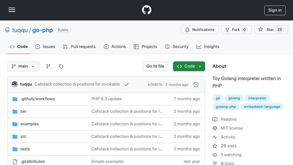 Screenshot of github.com: Golang Interpreter Written in PHP