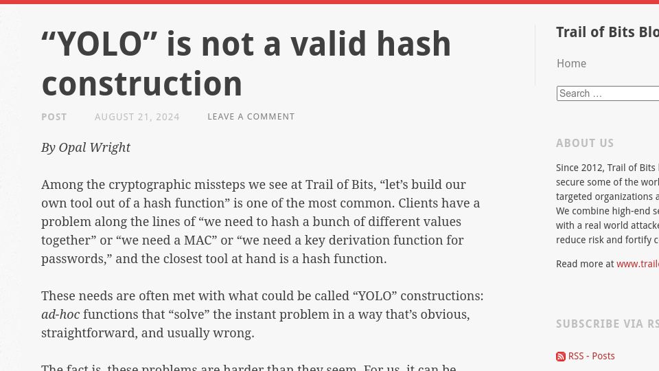 Screenshot of blog.trailofbits.com: “YOLO” is not a valid hash construction